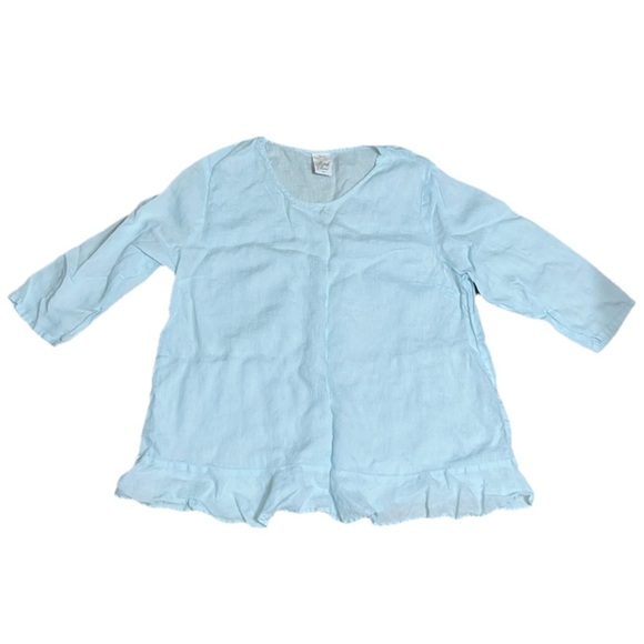 Match Point 100% Linen Ruffle Blouse Top 3/4 Sleeves Light Pastel Blue Large - Picture 1 of 7